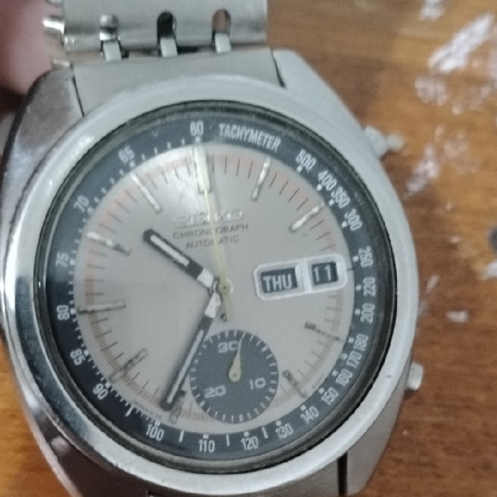 Seiko Silver Tachymeter Watch 6139 Automatic Chronograph Running